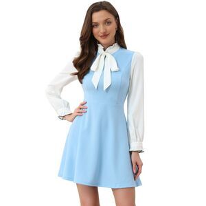 Contrast Color for Vintage Long Sleeve Tie Neck Dress Light Blue